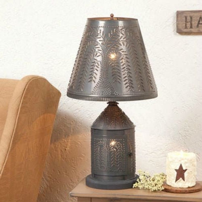 Country LightingPUNCHED TIN "FIRESIDE" LANTERN TABLE LAMP w/ Shade in Primitive Willow PatternlamplightSaving Shepherd