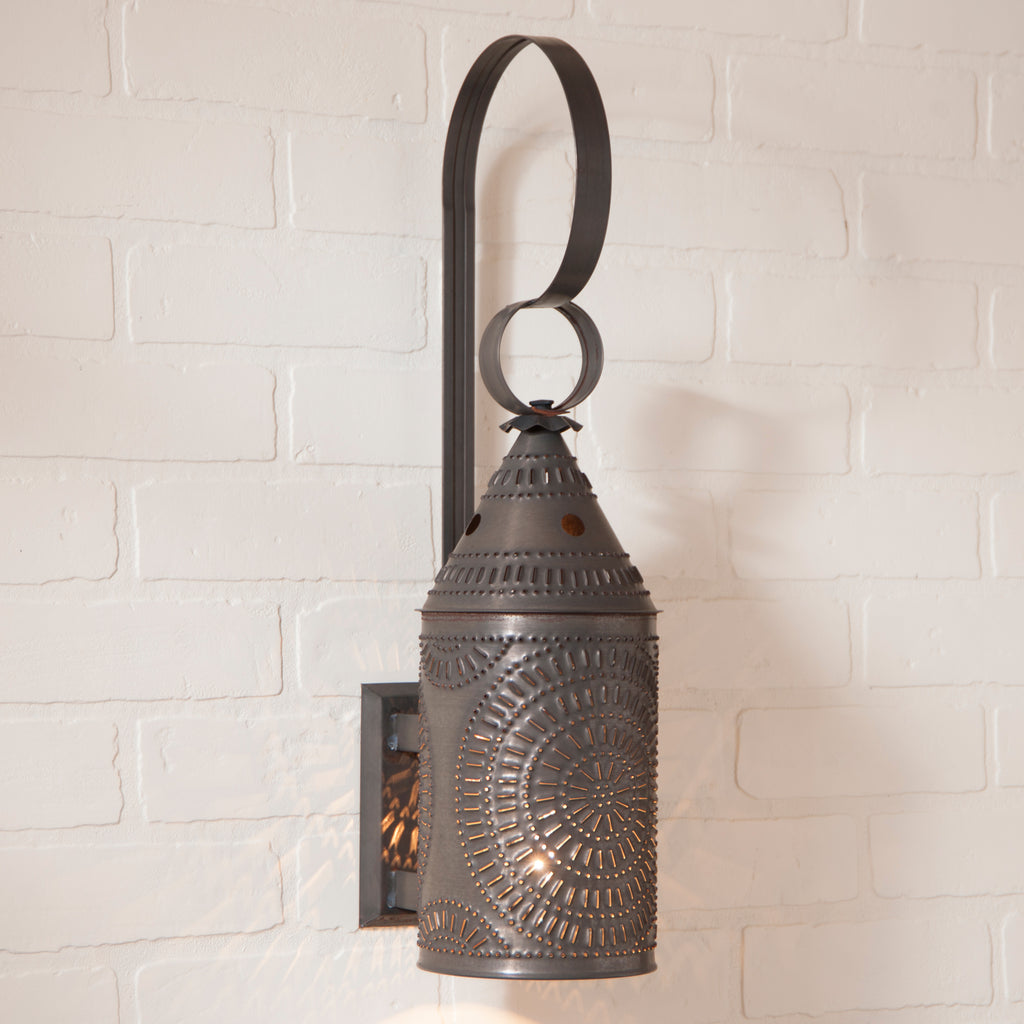 COLONIAL LANTERN WALL SCONCE Punched Tin in Kettle Black USA