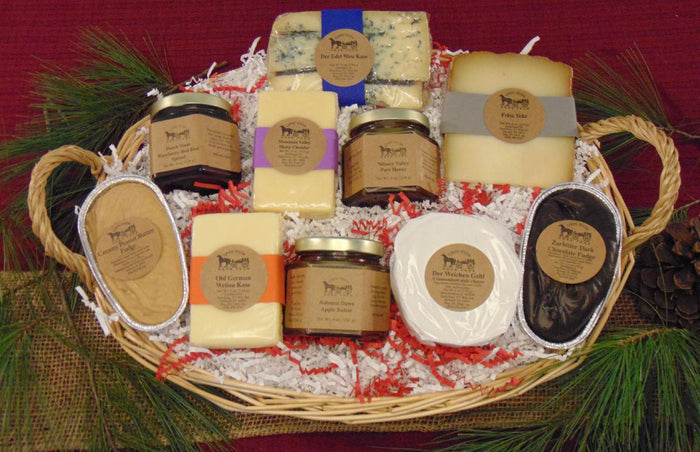 Food Gift BasketsCOZY MOMENTS - Cheeses Condiments & Fudge in Wicker Bread Basketbundledelicacyfarm marketSaving Shepherd