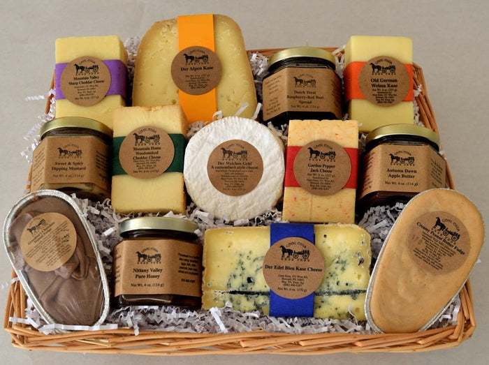 HEARTH & HOME GIFT BASKET - 7 Cheeses 4 Condiments 2 Fudge in Wicker Basket