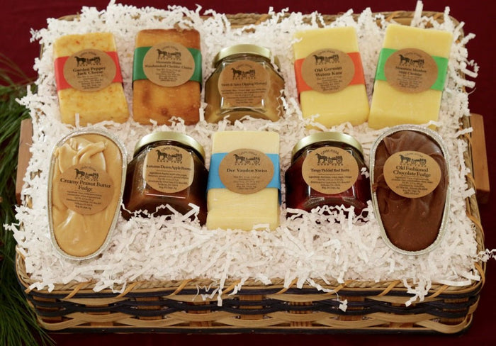 Food Gift BasketsTREASURE OF PLEASURE GIFT BASKET - Cheeses Condiments & Fudge in Hand Woven Basketbundledelicacyfarm marketSaving Shepherd