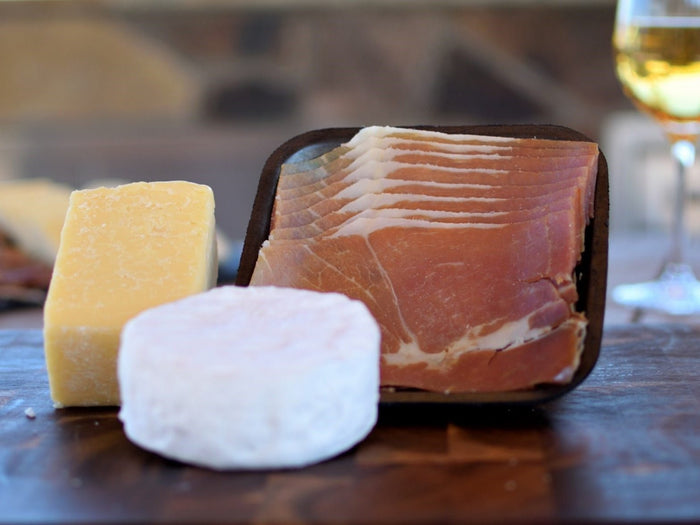 VALLEY APPETIZER - 2 Gourmet Cheese Selections with Prosciutto on Cutting Board