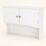 White wooden hood cabinet for a children's play kitchen, shown separately.