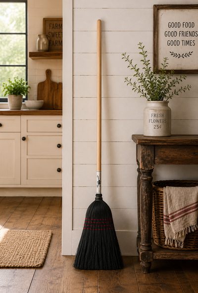 AUTHENTIC AMISH BLACK HOUSE BROOM - Heavy Duty Corn Straw & Solid Hardwood