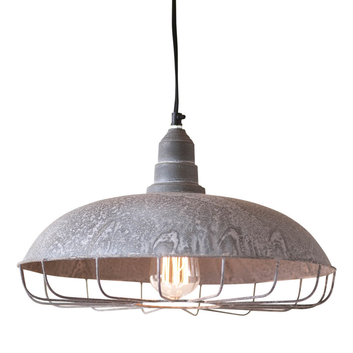 Farm Supply Store Pendant Light with Wire Protection Cage in Weatherd Zinc