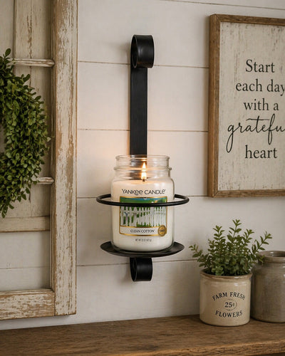 AMISH HAND FORGED WROUGHT IRON SCROLL SCONCE – Rustic Black Wall Jar Candle Holder