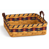 Square Fruit with Leather Handles wood-splint basket in Navy and Burgundy, white background