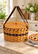 Round Pie Basket with Strap Handles wood-splint basket in Navy and Burgundy, lifestyle setting