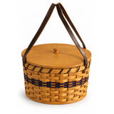 Round Pie Basket with Strap Handles wood-splint basket in Navy and Burgundy, white background