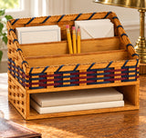 Desk Organizer wood-splint basket in Navy and Burgundy, lifestyle setting