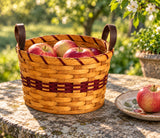 Apple Basket with Leather Handles wood-splint basket in Burgundy, lifestyle setting