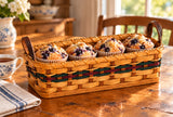 Muffin Basket with Leather Handles wood-splint basket in Hunter and Burgundy, lifestyle setting