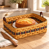 Cake with Leather Handles wood-splint basket in Hunter and Burgundy, lifestyle setting