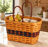 Small Grocery with Leather Handles wood-splint basket in Navy and Burgundy, lifestyle setting