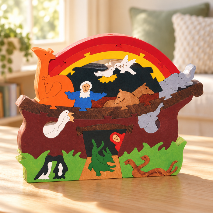 Large Noah's Ark wooden puzzle from Troy Acres in a styled home setting