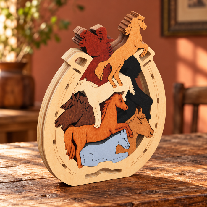 Pile of Horses wooden puzzle from Troy Acres in a warm styled home setting