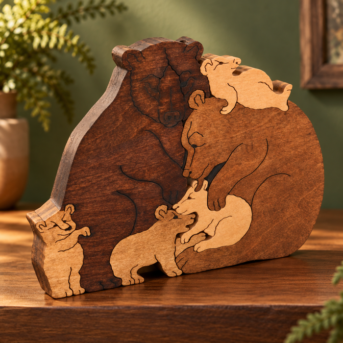 Pile of Bears wooden puzzle from Troy Acres in a styled home setting