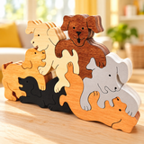Pile of Pups wooden puzzle from Troy Acres in a styled home setting
