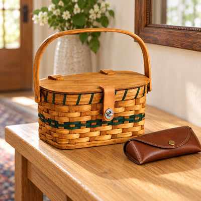 Basket HandbagSmall Woven Purse with Swinging Wooden Handle | Amish HandwovenAmerican-HandcraftedAmish-HandwovenSaving Shepherd