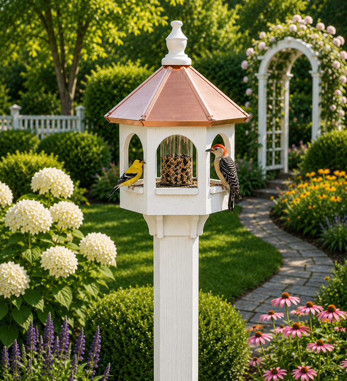 Bird FeederWHITE GAZEBO BIRD FEEDER with COPPER ROOF – 20” Amish Handmade Post Mountbirdbird feederSaving Shepherd