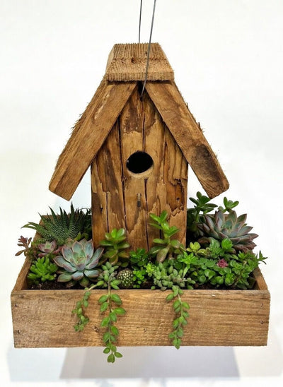 BIRDHOUSE PLANTER - Wrought Iron & Mushroom Wood Bird Condo Plant BasketSaving Shepherd