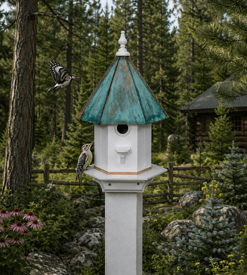 BirdhouseWOODPECKER BIRDHOUSE - Azek Vinyl with Patina Copper Roof Bird Housebirdbird houseSaving Shepherd