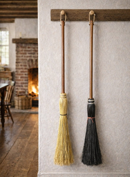 BroomLONG HANDLE FIREPLACE BROOM - Black & Natural Corn Straw Amish Hand BrushAmishbroomSaving Shepherd