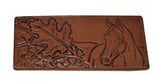 Horse and oak leaf embossed leather wallet on white background