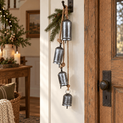 Christmas Decor27-Inch Antique Silver Hanging Bell Cluster — 4 BellsAntique Silver FinishCategory: Christmas DecorSaving Shepherd
