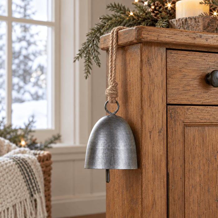 Christmas DecorAntique Silver Cow Bell Christmas Ornament — 3.5-Inch BellAntique Silver FinishCategory: Christmas DecorSaving Shepherd