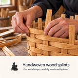 Hands interlacing wood splints in an illustrative traditional basket-weaving scene