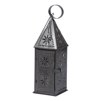 Decorative LanternsSteeple Punched Tin Taper Lantern — Smokey BlackCandle DecorCategory: Decorative LanternsSaving Shepherd