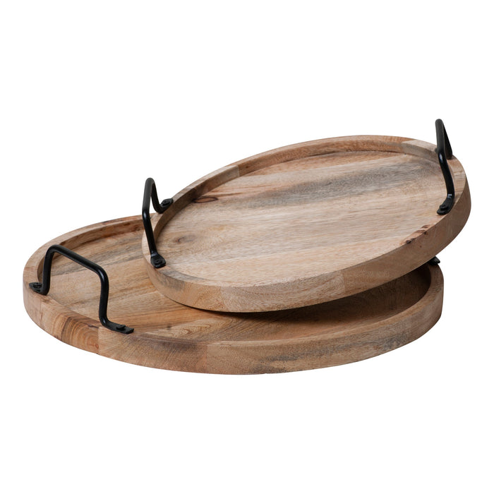 Decorative TraysRustic Round Wooden Trays with Iron Handles — Set of 2Category: Decorative TraysFinish: Natural StainSaving Shepherd