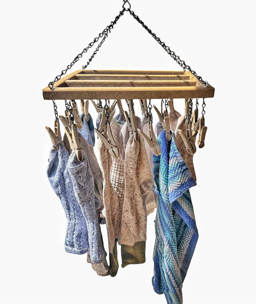 Drying RackLarge Hanging Clothes Pin Rack with 22 Clips – All Weather Poly Laundry Herb Drying & Kitchen OrganizerSaving Shepherd