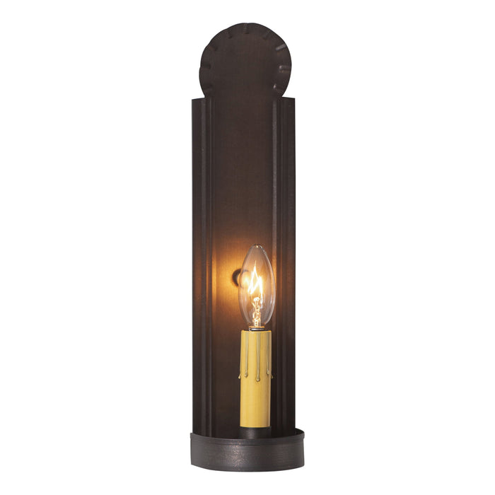 Electric Wall SconcesSlim Colonial Hardwired Tin Wall Sconce in Kettle BlackCategory: Electric Wall SconcesFinish: Kettle BlackSaving Shepherd