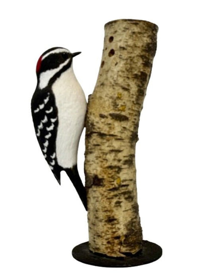 Folk ArtDOWNY WOODPECKER on NATURAL BIRCH TRUNK BASE – Hand Carved Bird PA Dutch Folk ArtartbirdSaving Shepherd