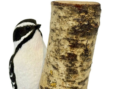 Folk ArtDOWNY WOODPECKER on NATURAL BIRCH TRUNK BASE – Hand Carved Bird PA Dutch Folk ArtartbirdSaving Shepherd