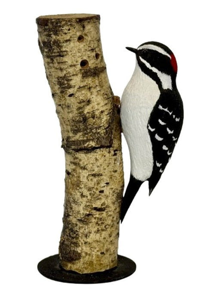 Folk ArtDOWNY WOODPECKER on NATURAL BIRCH TRUNK BASE – Hand Carved Bird PA Dutch Folk ArtartbirdSaving Shepherd