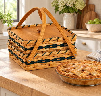 Food Carrier BasketDouble Pie Basket with Wooden Lid and Swinging Handles | Amish HandwovenAmerican-HandcraftedAmish-HandwovenSaving Shepherd