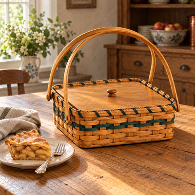 Food Carrier BasketSingle Pie Basket with Wooden Lid and Swinging Handles | Amish HandwovenAmerican-HandcraftedAmish-HandwovenSaving Shepherd
