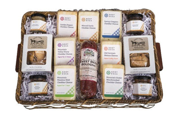 Food Gift BasketsCHRISTMAS PLEASURES GIFT BASKET - Gourmet Cheeses & Condiments in Hand - Woven TraybundledelicacySaving Shepherd