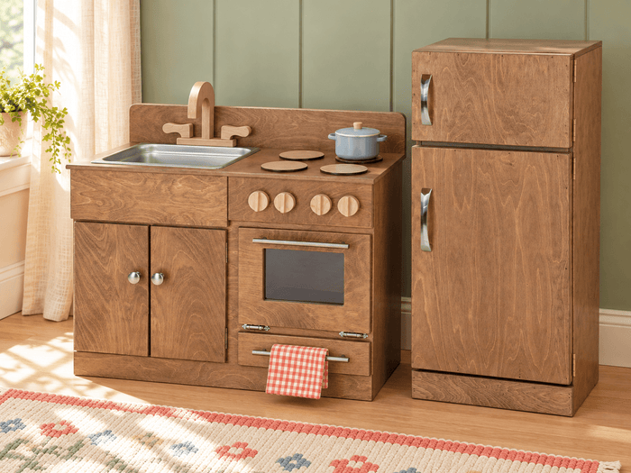 Handmade FurnitureChildren’s Wooden Play Kitchen Set – Refrigerator, Sink & Stove | Amish MadechildchildrenSaving Shepherd