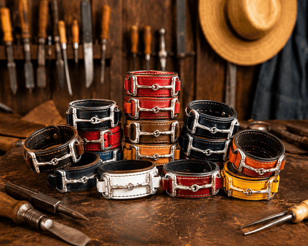 Handtooled LeatherWIDE LEATHER HORSE BIT BRACELET with Nickel Equestrian Snaffle in 12 ColorsAmerican MadeAmishSaving Shepherd