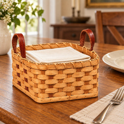 Napkin BasketSmall Napkin Basket with Leather Handles | Amish HandwovenAmerican-HandcraftedAmish-HandwovenSaving Shepherd
