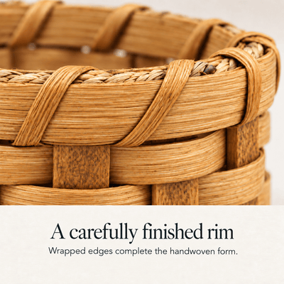 Close-up of a wrapped basket rim, captioned “A carefully finished rim.”