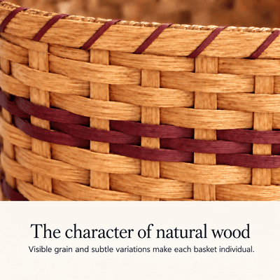 Detail card showing natural wood-splint basket weave with burgundy accent rows.