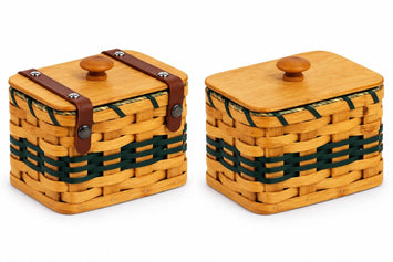 Two recipe card baskets with Hunter Green accents and wooden lids, showing the leather-strap and strap-free styles.