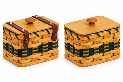 Two recipe card baskets with Hunter Green accents and wooden lids, showing the leather-strap and strap-free styles.