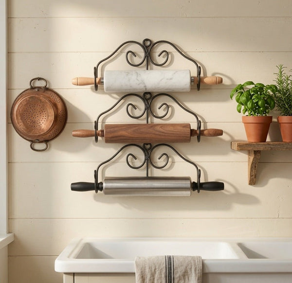 Rolling Pin Holder3 ROLLING PIN RACK SET - Wrought Iron Kitchen Wall Mount HoldersadjustableAmish BlacksmithSaving Shepherd