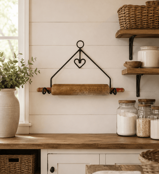 Rolling Pin HolderROLLING PIN RACK with HEART - Wrought Iron Kitchen Wall Mount HolderAmish BlacksmithcaddySaving Shepherd